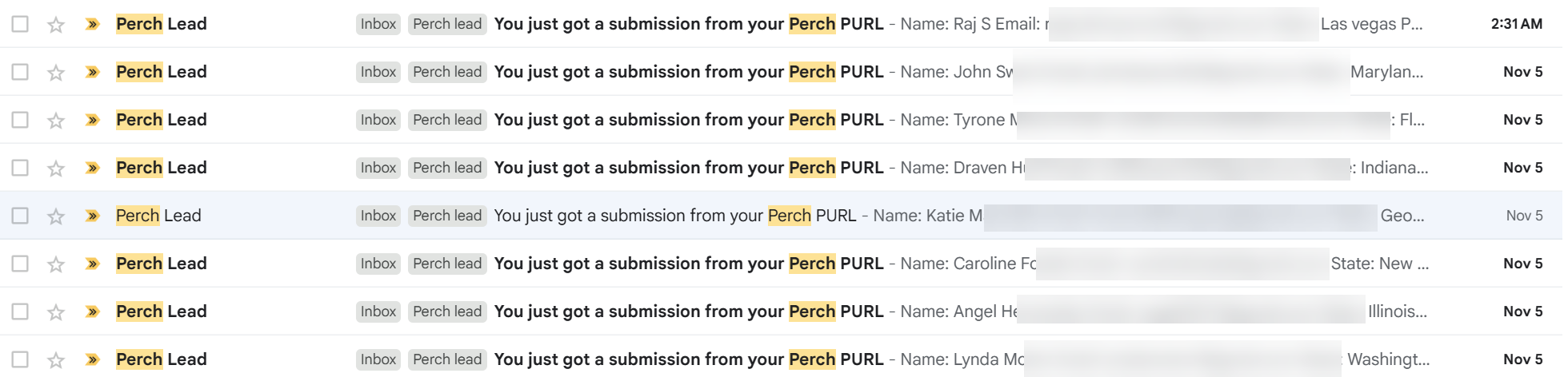 Recent lead submissions from Perch system